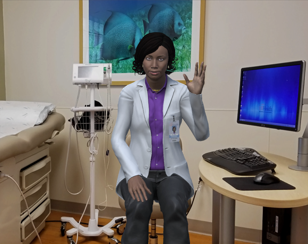 a screenshot of a black female doctor in a clinician setting, part of the Meet Alex program