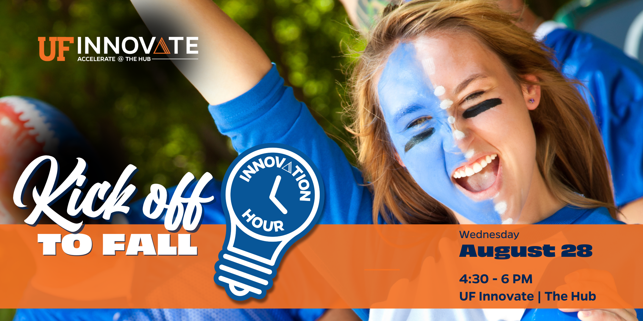 Graphic inviting entrepreneurs to the Kick Off to Fall Innovation Hour at UF Innovate | The Hub on August 27, 4:30-6 p.m.
