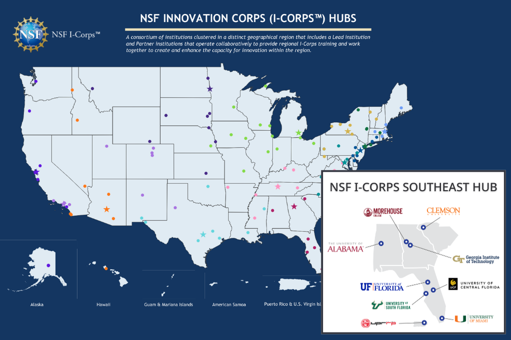 Map of NSF I-Corps campus, hubs, with Southeast Hub inset