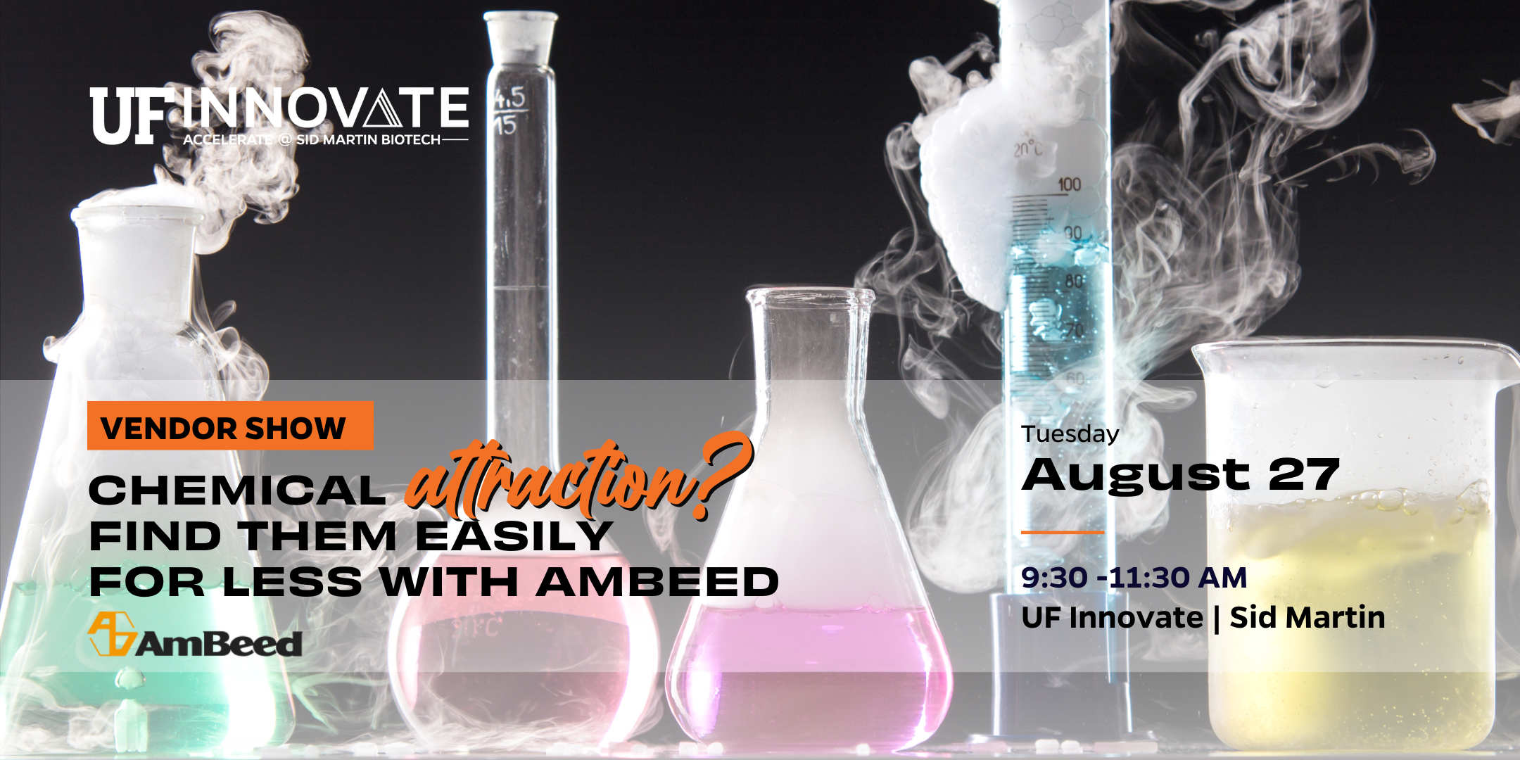 Graphic depicting chemicals in various beakers and test tubes to demonstrate the vendor show at Sid Martin Biotech on August 27 will feature chemicals from vendor AmBeed