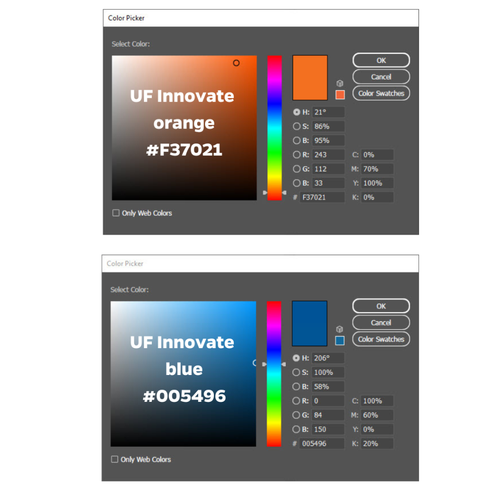 color details for UF Innovate orange and blue