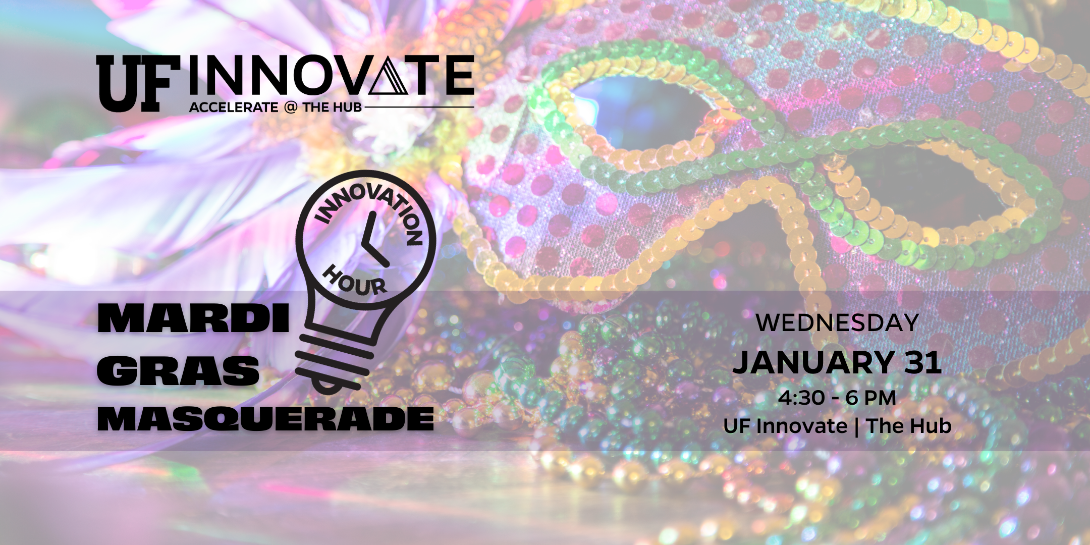 graphic announcing an innovation hour networking event at UF Innovate Accelerate at The Hub. The theme is Mardi Gras Masquerade.
