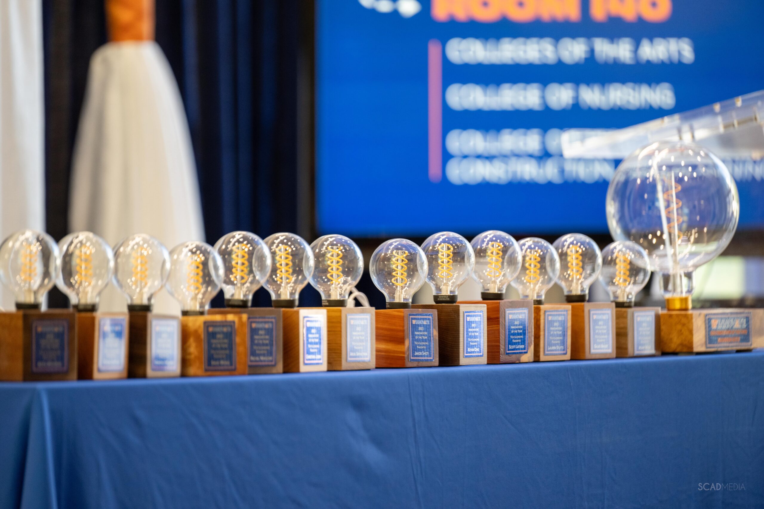 table with edison light bulbs, being awarded to our Innovator of the Year and Inventions of the Year.